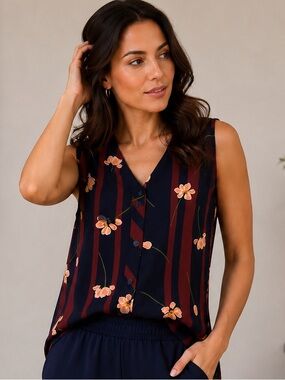 CAbi Floral Stripe Sleeveless Blouse Size Small Navy Burgundy Button Front Tank
